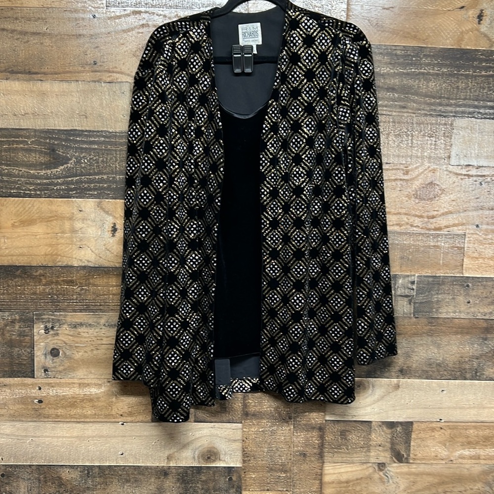 R & M Richards Black Velvet Jacket Gold & Silver Glitter Women's Size 16‎